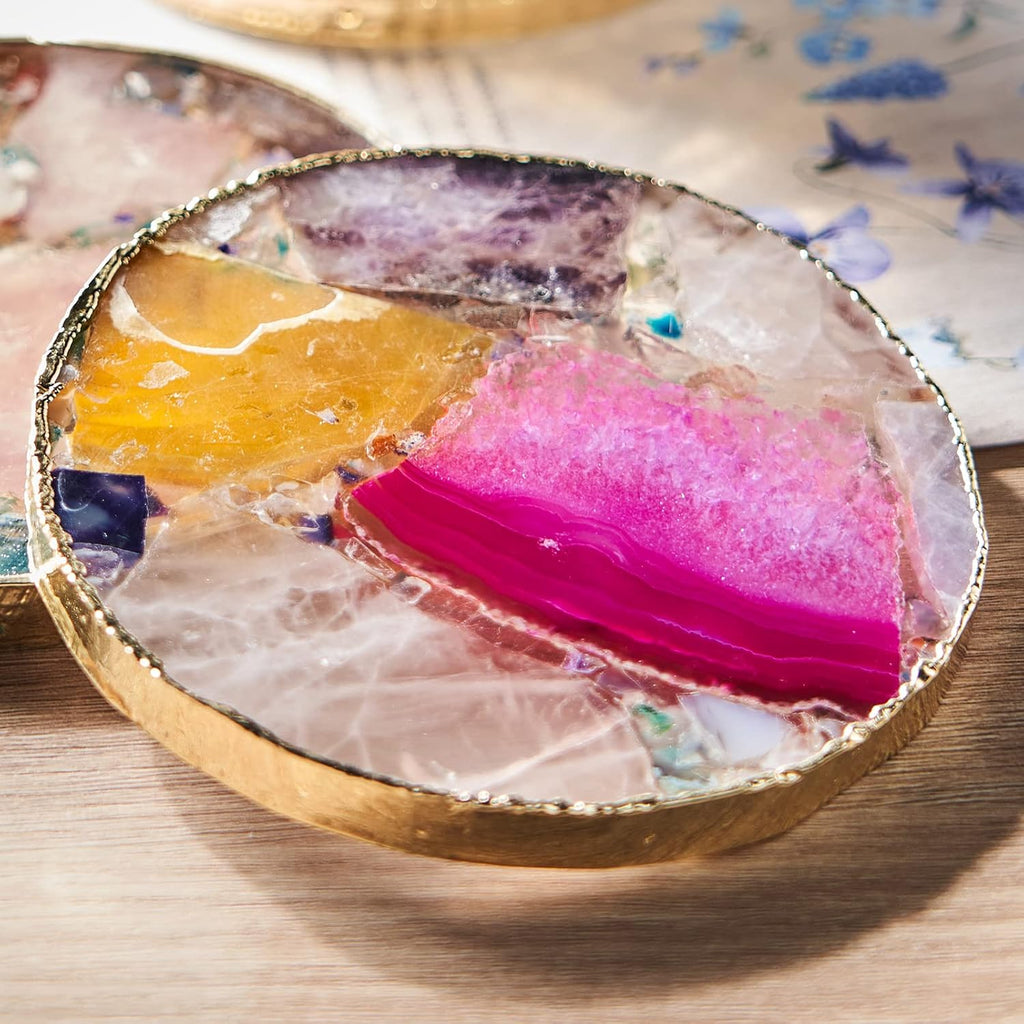Rainbow Agate Coasters, Natural Crystal Coaster for Drinks, Geode Gemstone with Gold Edge, Agate Slice Stone - Set of 4