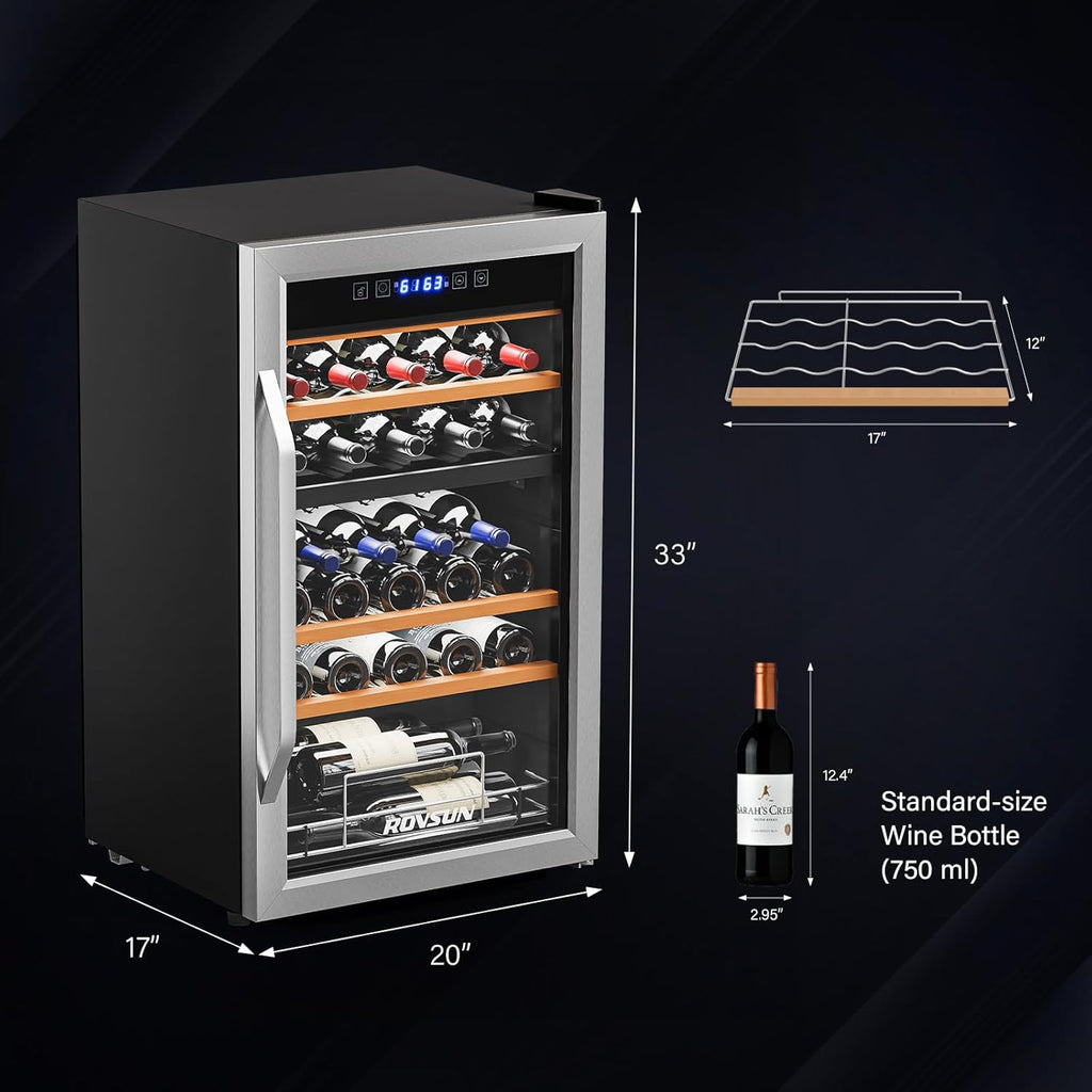 Dual Zone Beverage Cooler Refrigerator, 33 Bottle Chiller with Glass Door & Digi
