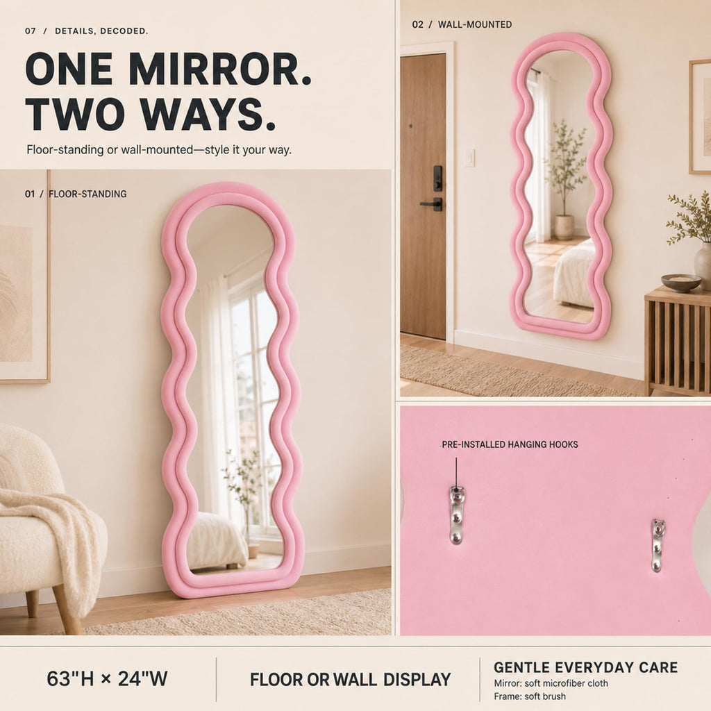 Full Length Mirror 63"x24", Irregular Wavy Mirrors, Wave Arched Floor Mirror, Wall Mirror Standing Hanging or Leaning