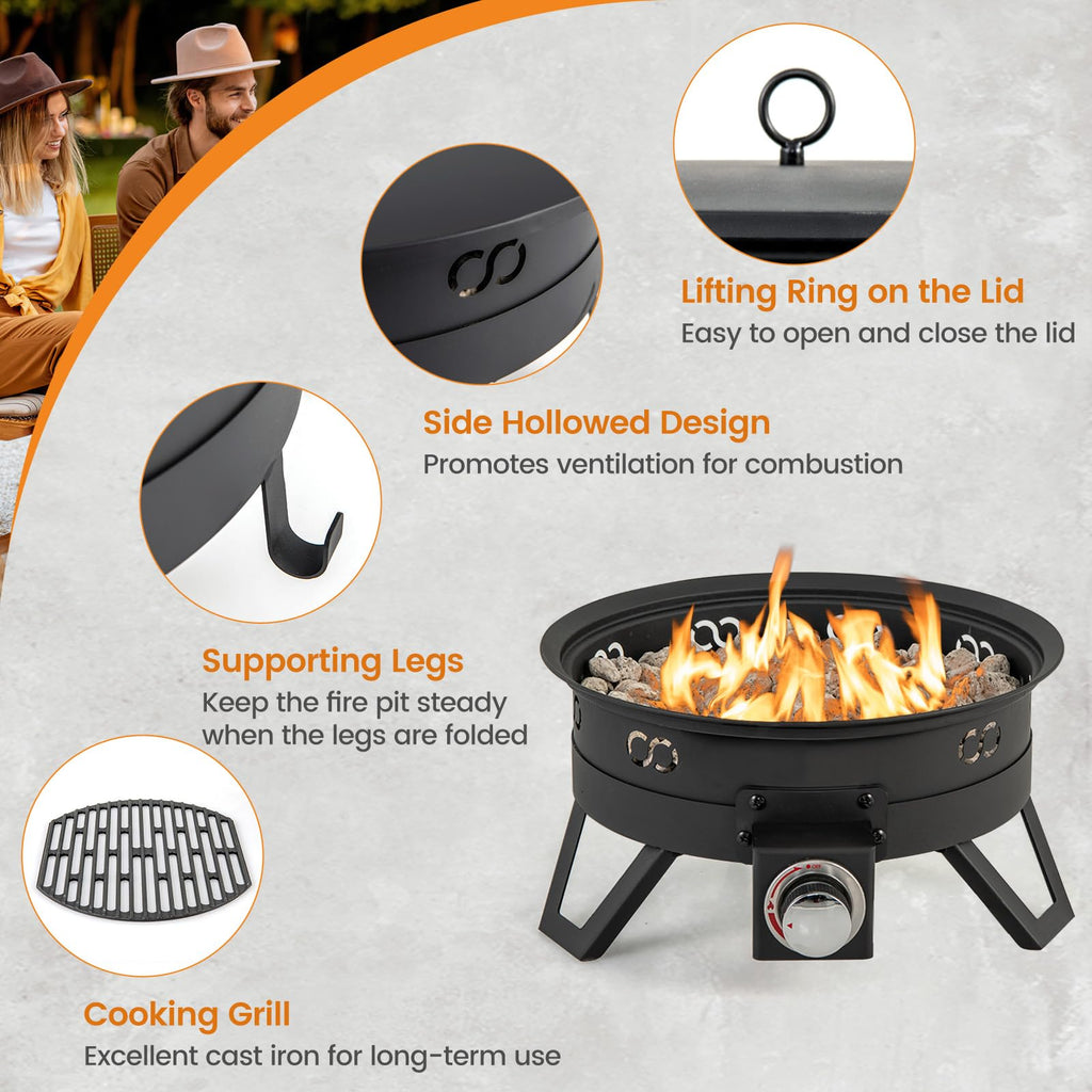 Portable Propane Fire Pit, 17" Outdoor Fire Bowl w/Foldable Legs