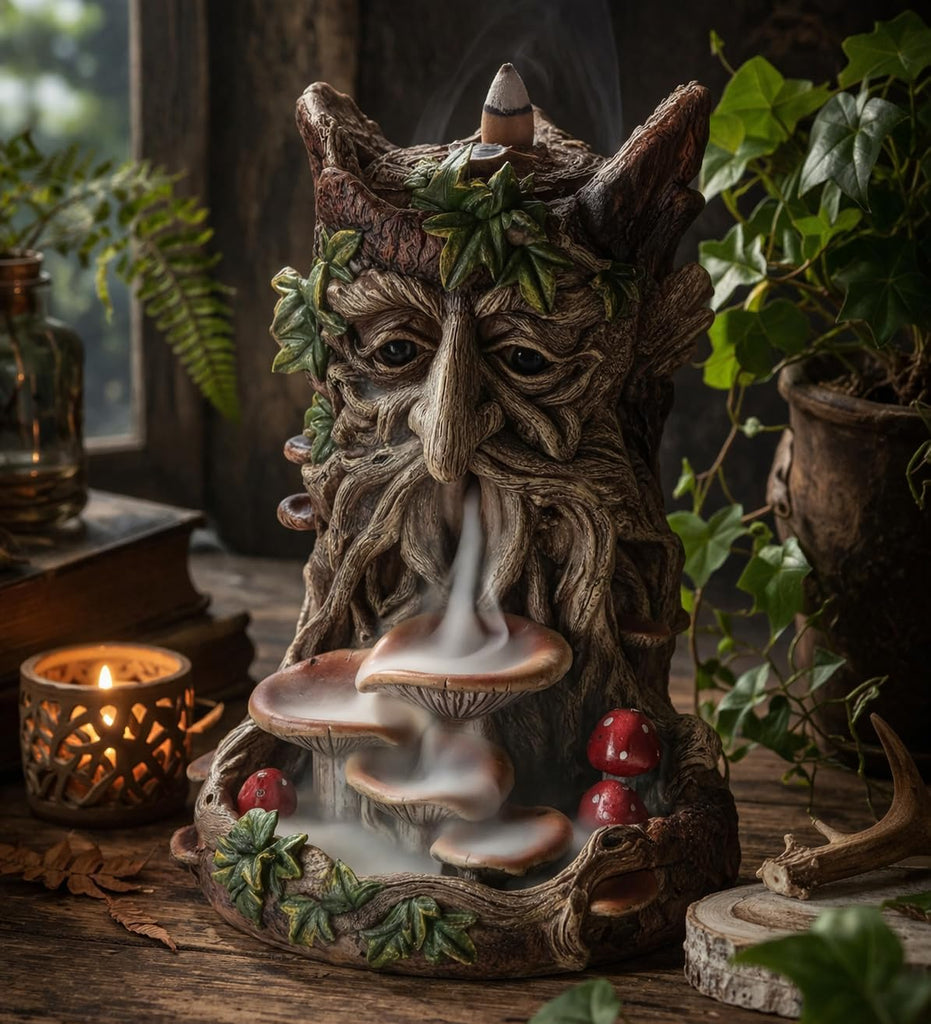 The Wisest Dryad Incense Burner, Backflow Design, Hand-Painted Resin, Nature Decor, 18cm