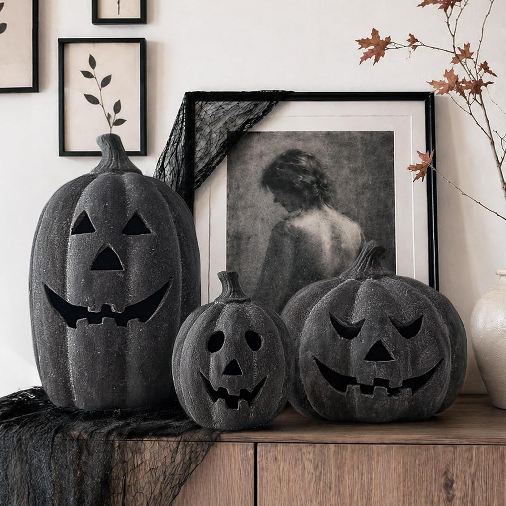 Halloween Decorations - Black Handmade Terracotta Jack O Lantern Pumpkin