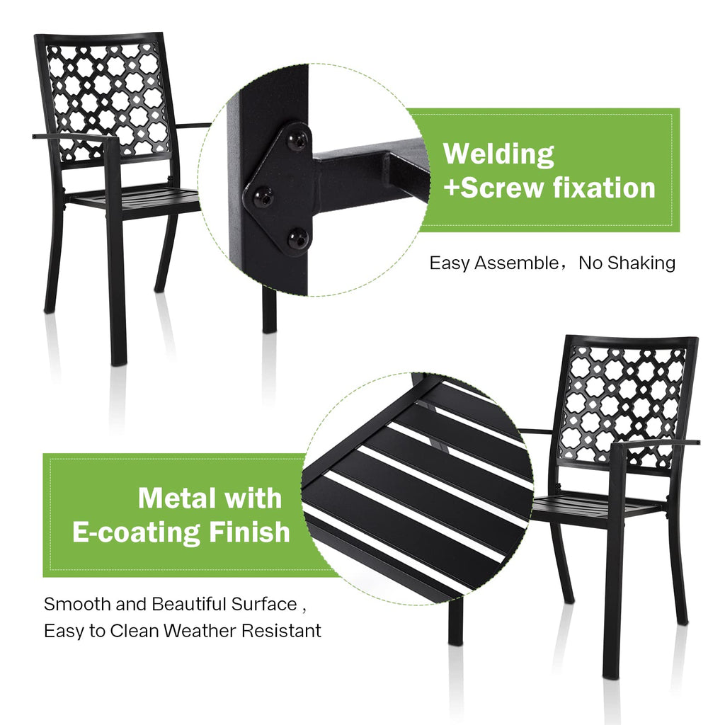 Stackable Outdoor Patio Dining Chairs Set of 6, Heavy Duty Black Powder-Coated Metal Patio Chairs, Sturdy