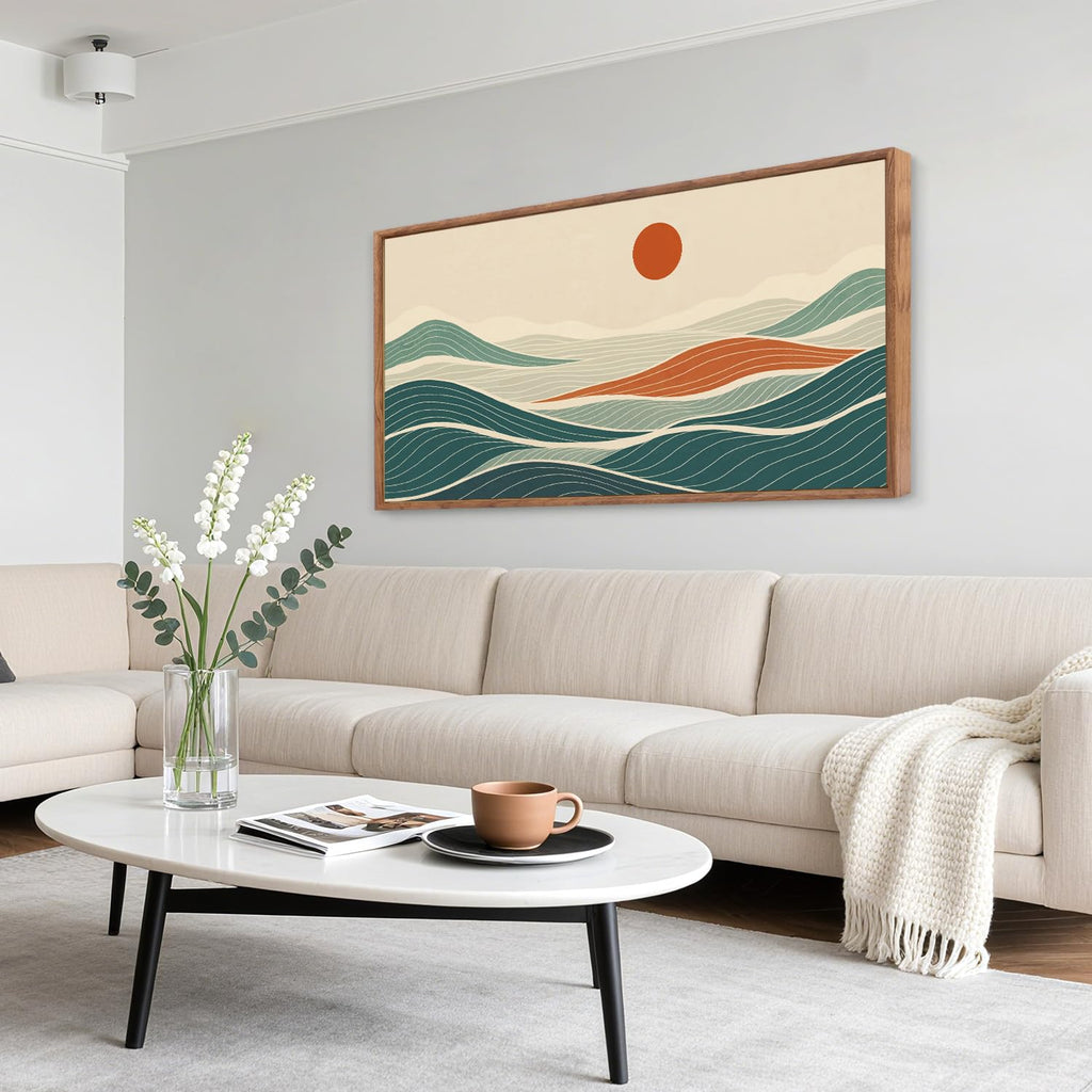 Long Coastal Framed Wall Art, Minimalist Coastal Horizontal Wall Decor, Abstract Waves Line Artwork Ocean Sea