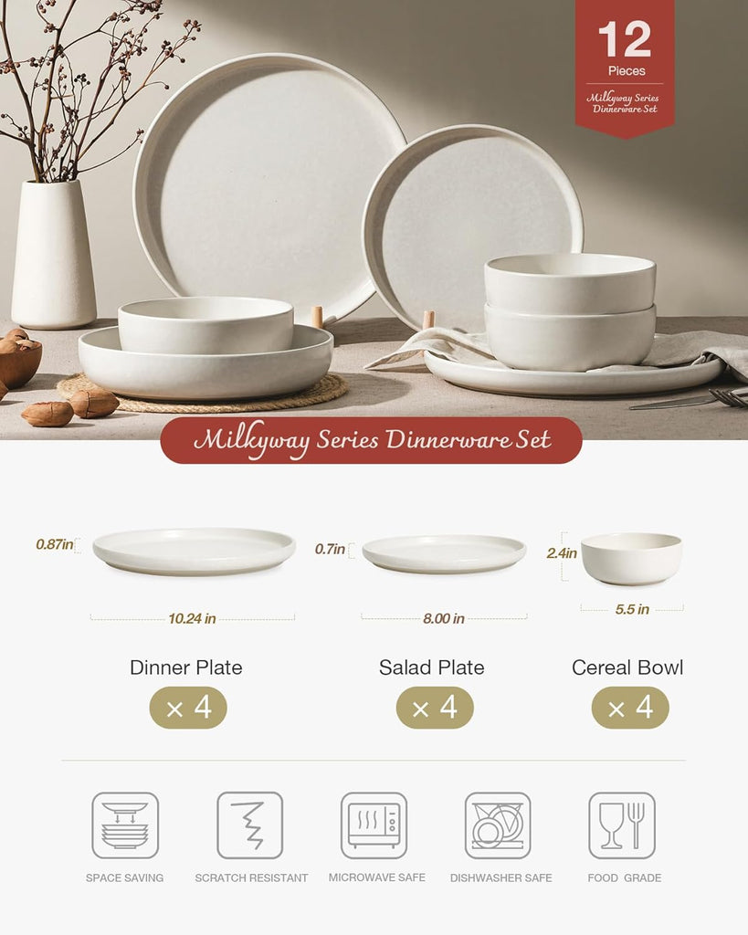 Milkyway Plates and Bowls Sets, 12 Pieces Dinnerware Sets, Reactive Glaze Dish Set, Stoneware Dishes Set for 4
