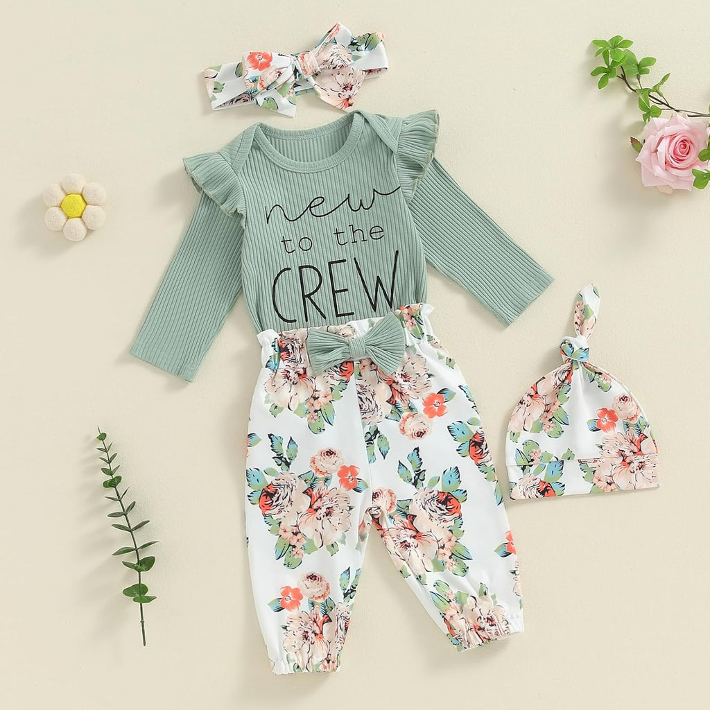 New To The Crew Baby Girl Outfit Newborn Coming Home From Hospital Outfits Ribbed Romper Bodysuit Floral Pants Set