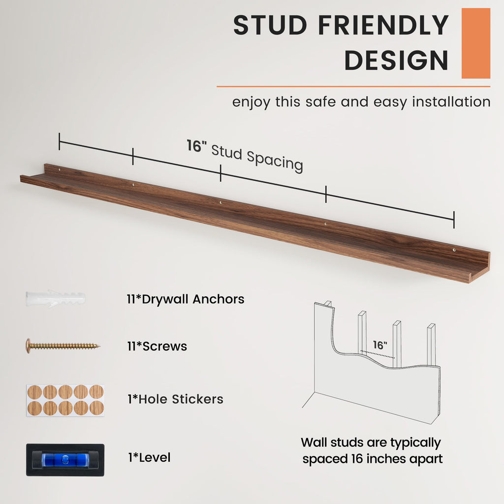 Picture Ledge Shelf, Long Floating Shelves for Wall, 72" W Set of 2, Walnut