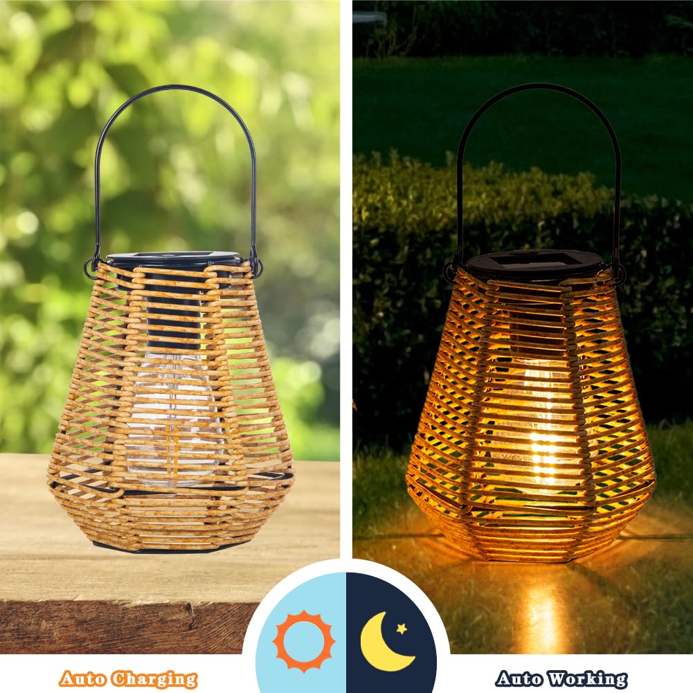 Solar Rattan Lanterns Waterproof 2 Pack, Solar Hanging Lights