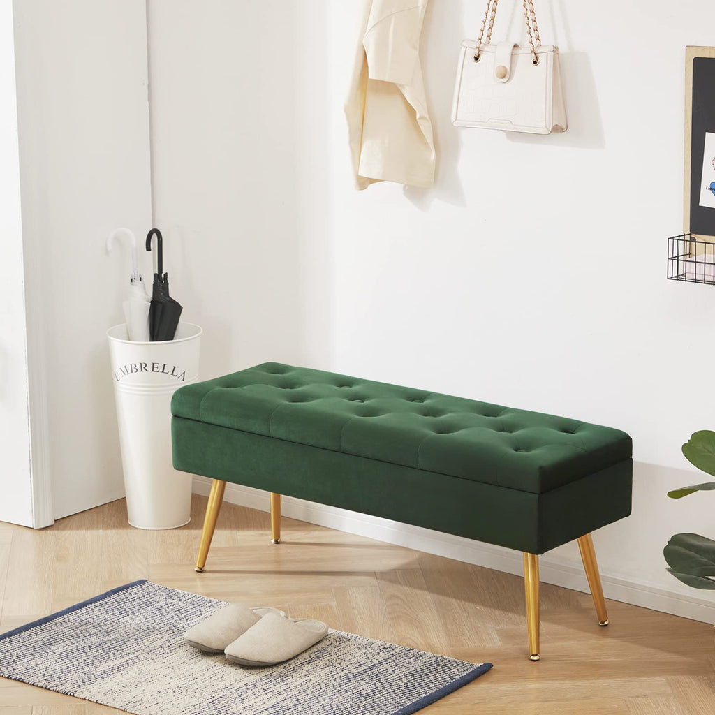 Storage Bench Entryway Bench End of Bed Bench Ottoman Upholstered Velvet Bedroom Bench Tufted Bench with Golden Legs