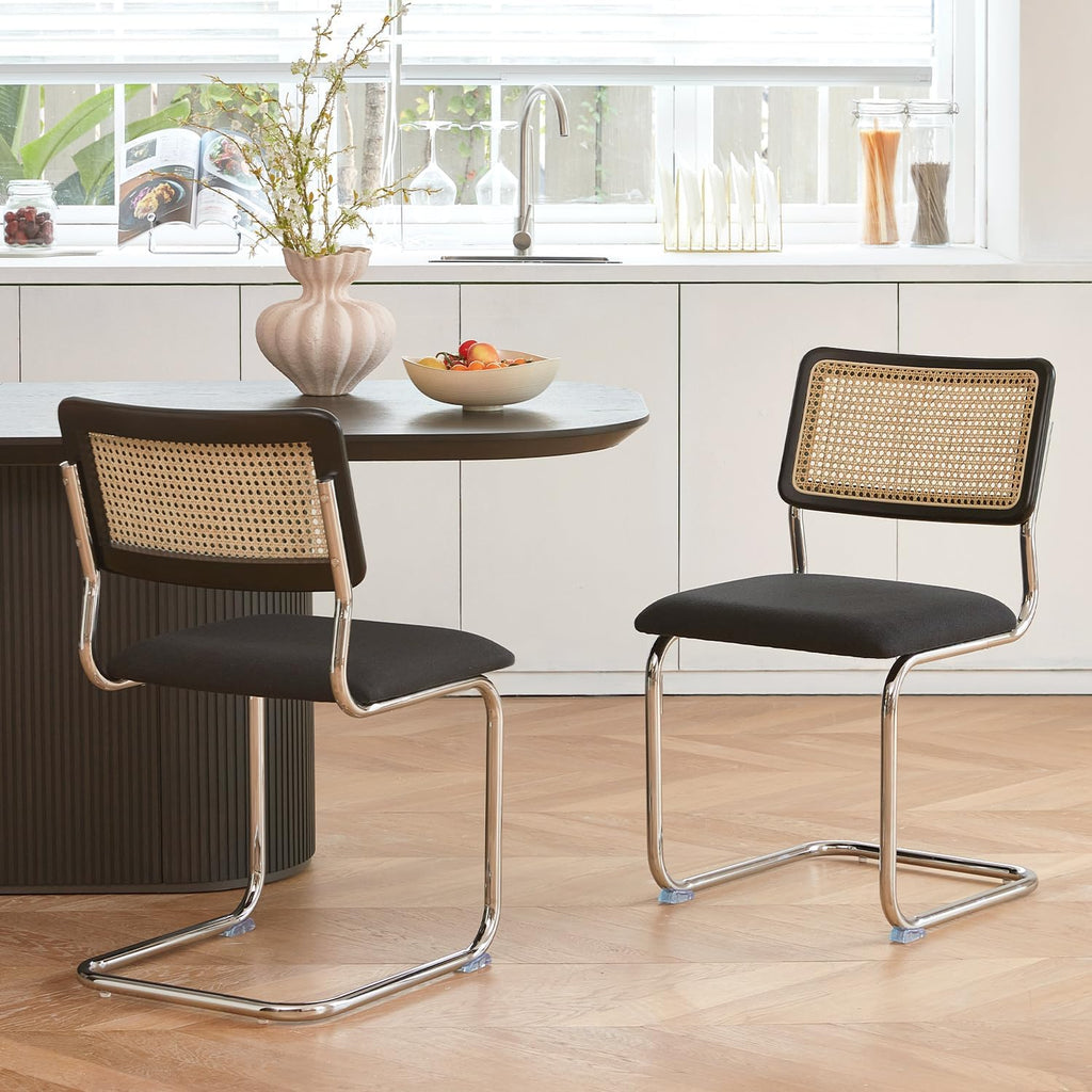 Rattan Dining Chairs Set of 2, Mid-Century Modern Wooden Chairs with Cane Mesh Back and Metal Chrome Legs, Black