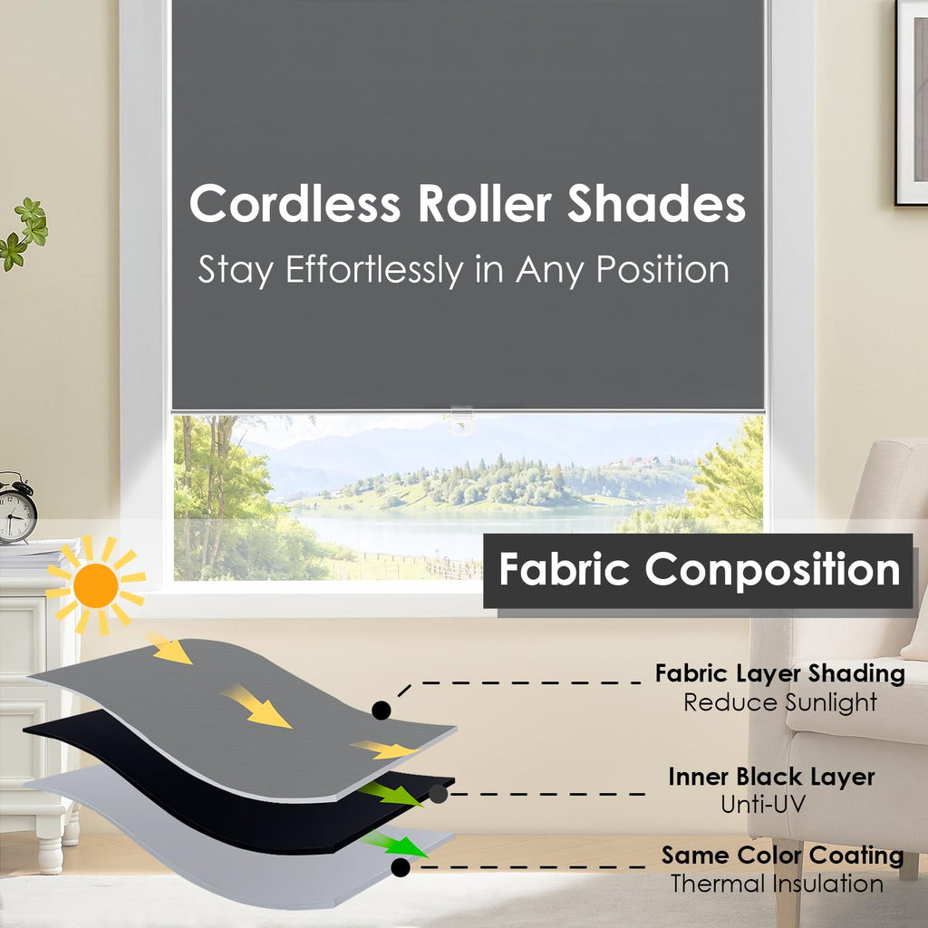 Cordless 100% Blackout Roller Shades for Windows, UV Protection Pull Down Shades, Room Darkening Door Blinds Thermal