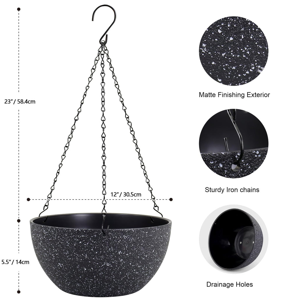 12 inch Large Hanging Planters for Indoor Outdoor Plants, 2 Pack Hanging Flower Pots with Drainage Holes and Chain