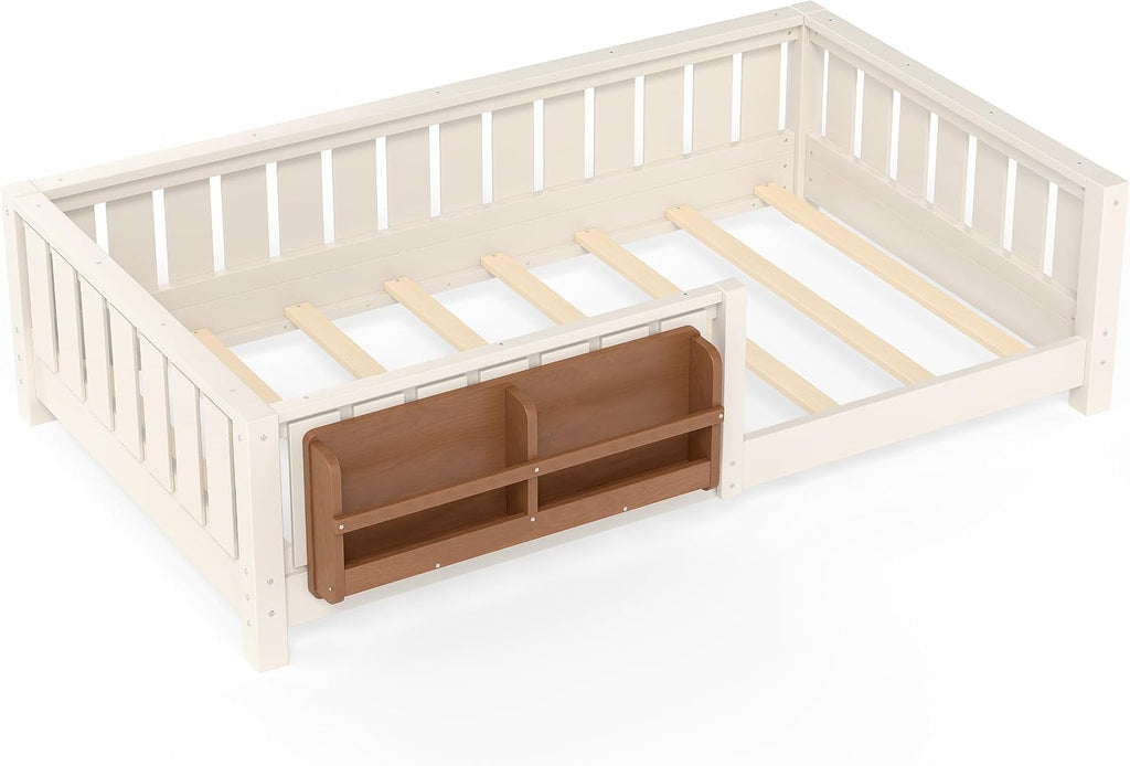 Kids Montessori Bed with Bookshelf, Solid Wood with Fence and Slats for Girls Boys, Low-Profile, Beige