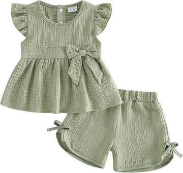 Toddler Baby Girl Summer Clothes Fly Sleeve Solid Color Tops and Shorts Sets 2 Piece Infant Outfits
