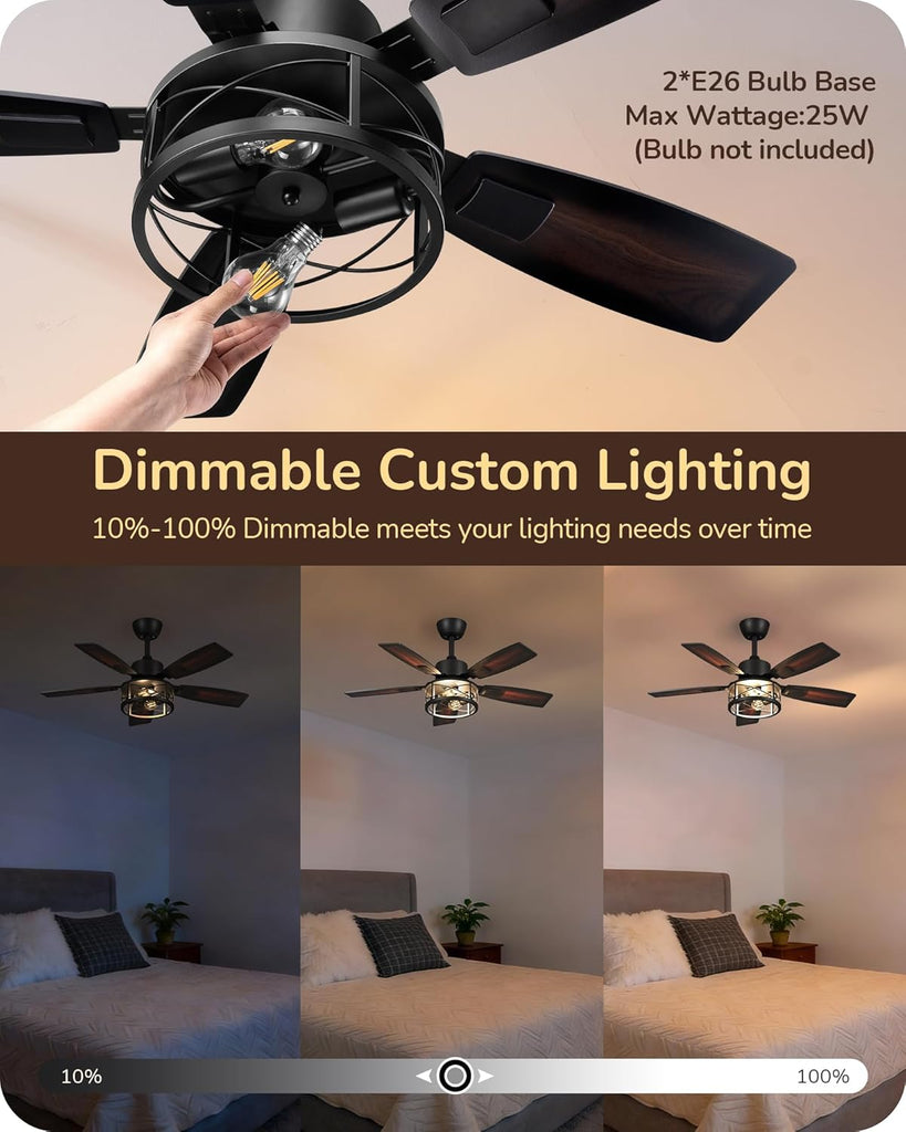 42" Farmhouse Ceiling Fans with Lights and Remote, 10%-100% Dimmable, Reversible DC Motor, 6 Speed, 5 Wooden Blades
