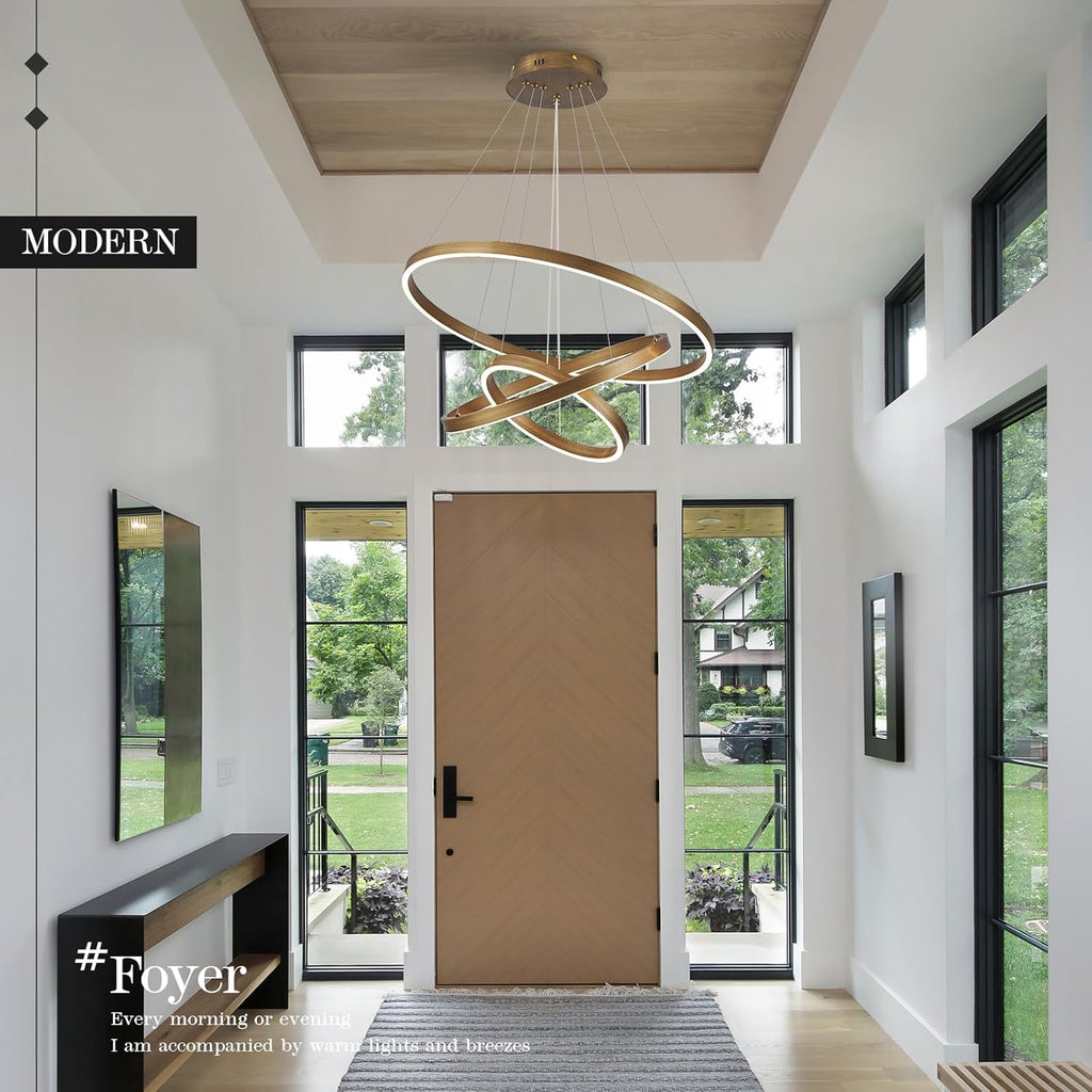 LED 3-Ring Chandelier Gold Dimmable Modern Pendant Light with Remote Control Vintage Brass LED Circle Chandelier for