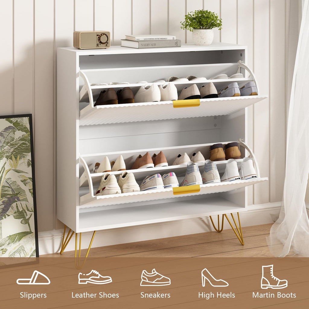 34.4" H Fluted Shoe Storage Cabinet with 2 Flip Drawers, White[Hidden Shoe Cabinet Storage, Narrow Freestanding Shoe