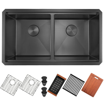 Black Double Bowl Kitchen Sink, 32 x18 inch 16 Gauge T304 Black Stainless Steel Undermount Workstation Sinks, 10''