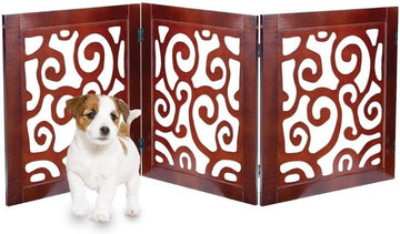 Pet Gate for Dogs - Free-Standing & Foldable - Decorative Scroll Wooden Fence Barrier - Stairs & Doorways (Mahogany)