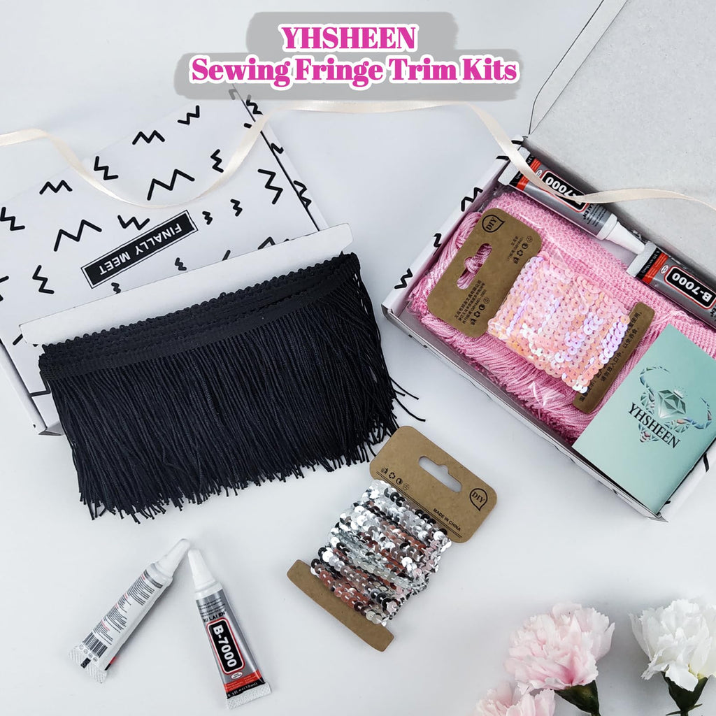 Black Fringe, 5 Yards X 4 Inch Fringe Trim with B7000 Glue, Tassels Trim for Crafts, Polyester Fibre Sewing Fringe