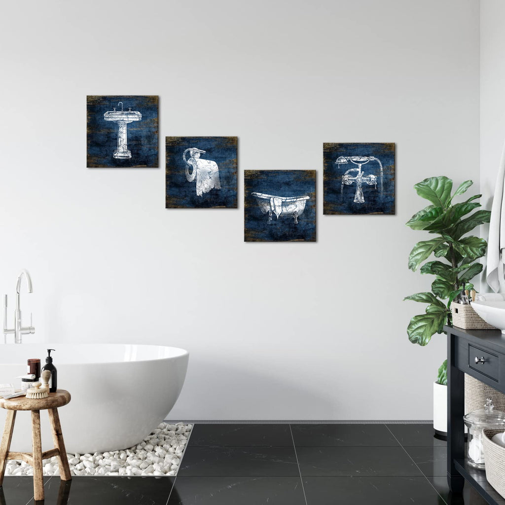 Blue Bathroom Decor Wall Art Framed Canvas Print Pictures 4 Pieces Abstract Pictures Modern Navy Framed Wall Decor