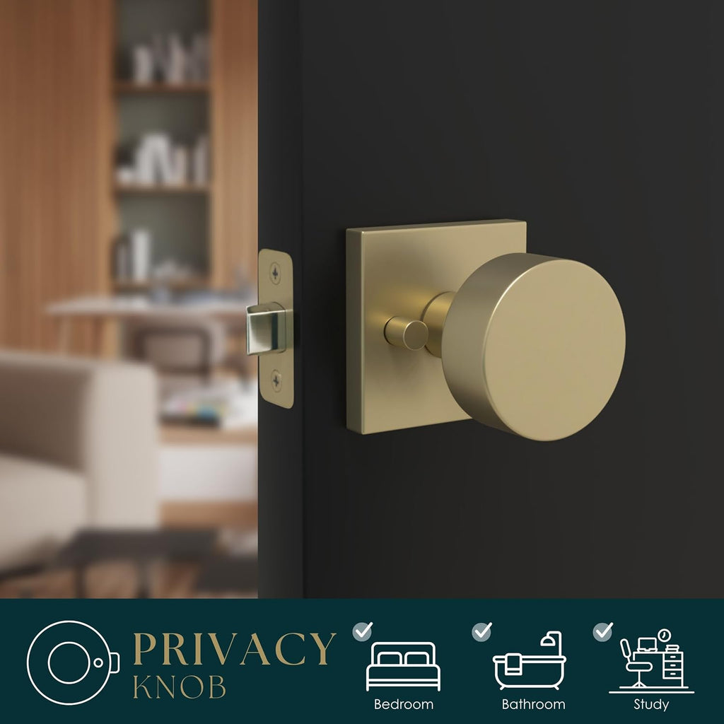 Privacy Door Knob with Lock , SUANA Reversible Interior Knobs, Zinc Alloy with Square Rosette, Fits Standard Sizes