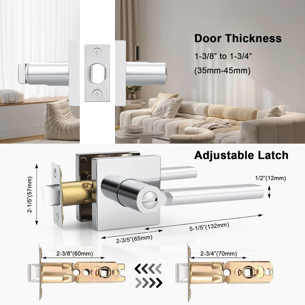 5 Packs Polished Chrome Door Handles Interior Door knob Privacy Lever Square Keyless Lock Right & Left Side Door Lock