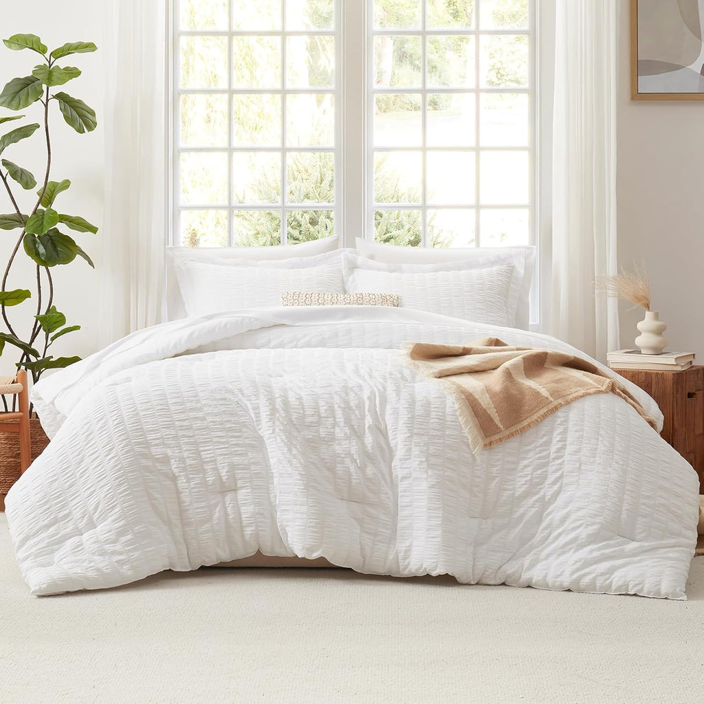 Oversized Queen Comforter Set White Seersucker 7 Pieces 98x98 Bed in a Bag Comforter Set with Sheets