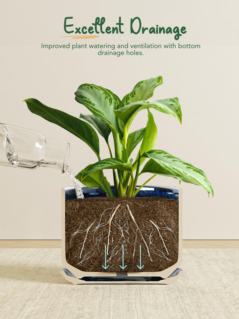 10 + 12 Inch Ceramic Plant Pots, Set of 2, Obsidian Blue