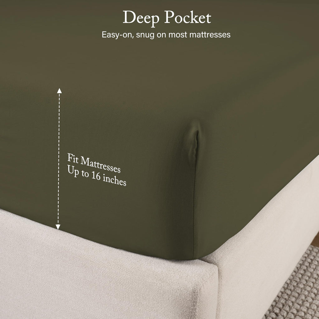 Olive King Size Sheet Set, Pre-Washed Microfiber Cotton-Like 4 Pcs Ultra Soft Bedding Set King, Breathable Cooling