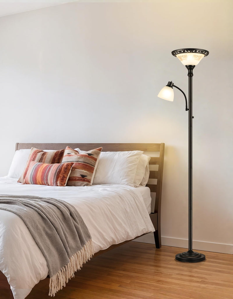Torchiere Floor Lamp with Reading Light, Thick Glass Shade