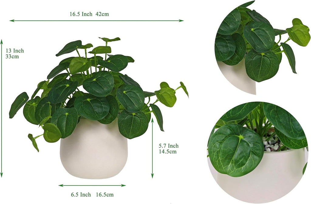 Artificial Pilea Plant - Luxury Potted Money Plant in White Textured Pot with Real Pebbles, Premium Soft Plastic