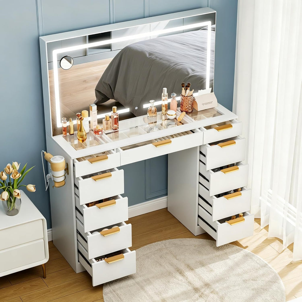 Glass Top Vanity Desk with Mirror and Lights, 11 Drawers Makeup Vanity with Charging Station, Golden Handles Dressing
