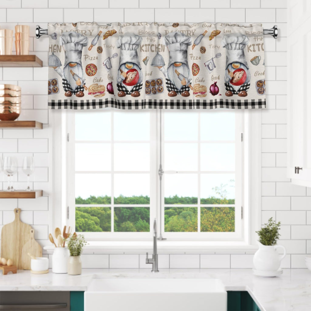 Chef Gnome Kitchen Valance, Black White Buffalo Plaid Short Curtains for Windows, Cooking Utensils Decoration Cafe