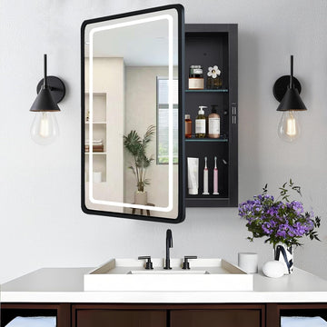 LED Lighted Medicine Cabinet with Mirror, Recessed or Wall Mounted Bathroom Mirror with Storage, Anti-Fog, 3-Color
