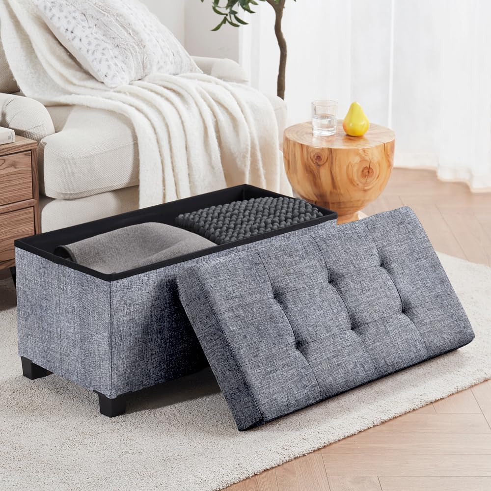 30" Large Storage Ottoman Bench with Legs, Gray