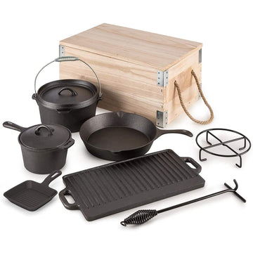 8 Piece Pre-Seasoned Dutch Oven Cooking Set Cast Iron Camping Kitchen Cookware Bakeware Skillets & Square Grill Pan