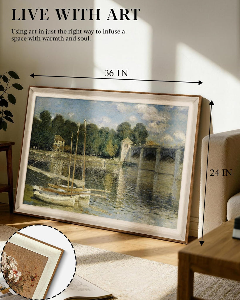 Vintage Canvas Wall Art Framed, Nature Landscape Claude Monet Impressionist Painting Artwork The Seine Basin At