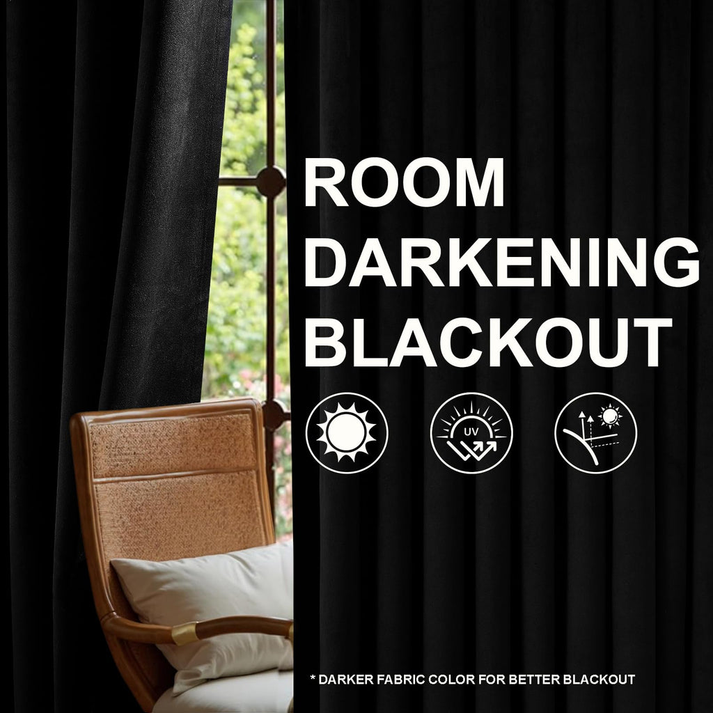 102 Inches Long Custom Velvet Blackout Curtains Bedroom Black Viral Pleated Noise Cancelling Drapes with Pin Hooks