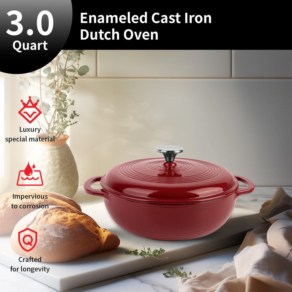 Enameled Cast Iron Braiser, 3 Quart Enameled Cast Iron Skillet with Lid, Oven Safe up to 500° F or on Stovetop