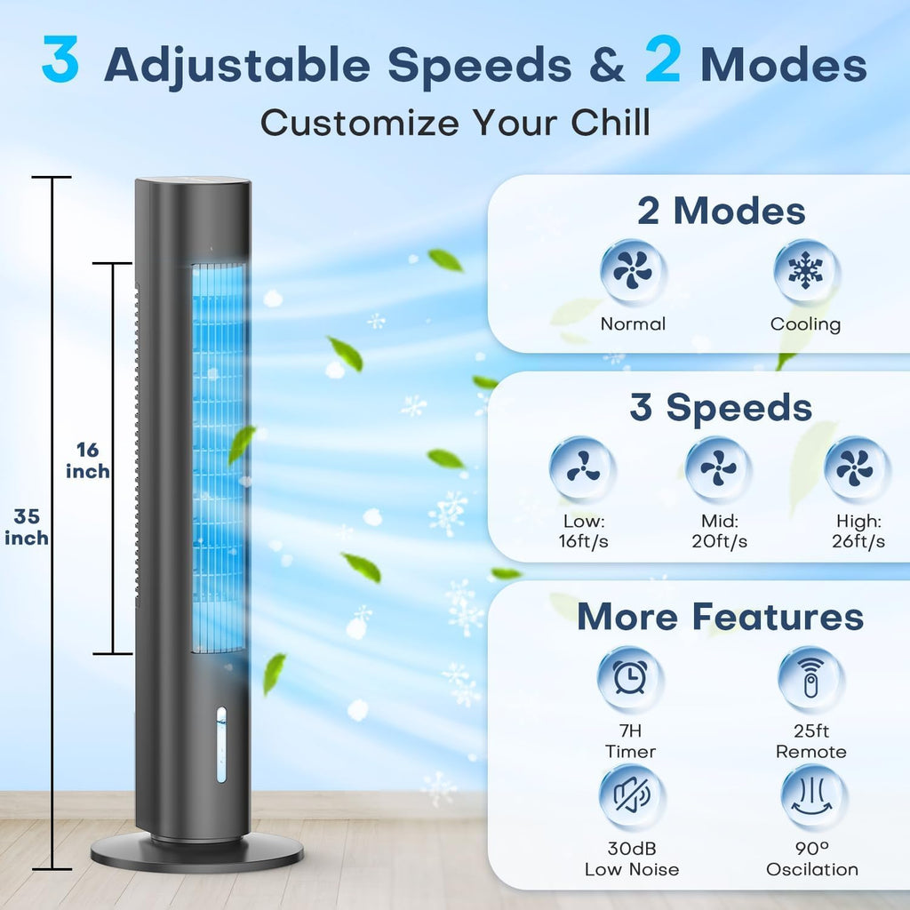 Windowless Portable Air Conditioners, 35" Evaporative Air Cooler w/3 Speeds, 25ft Remote&Touch Control, Timer