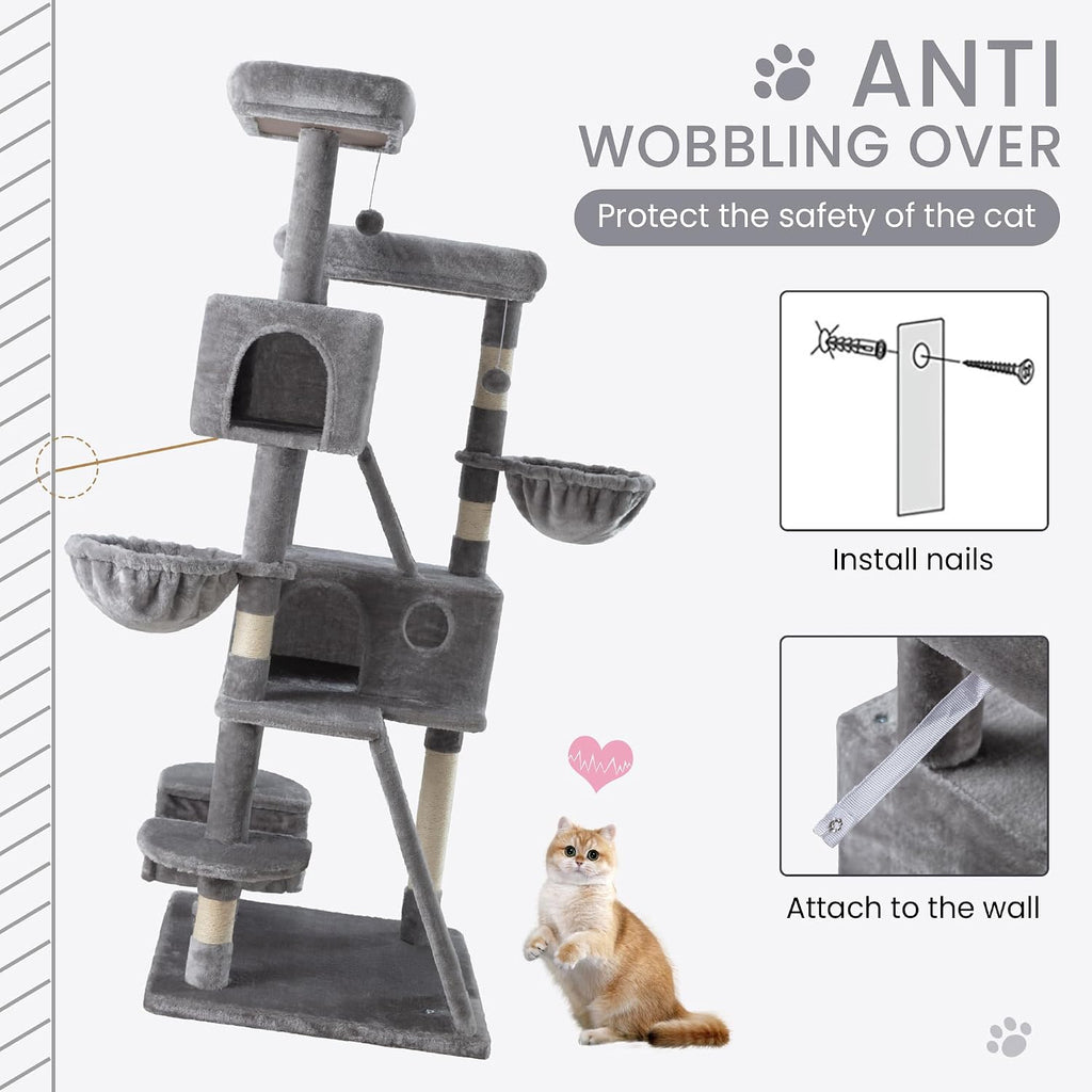 65in Larger Cat Tree Tower Condo for Indoor Kitties/Multi-Level Furniture Activity Center with Wide Base/Cozy Plush