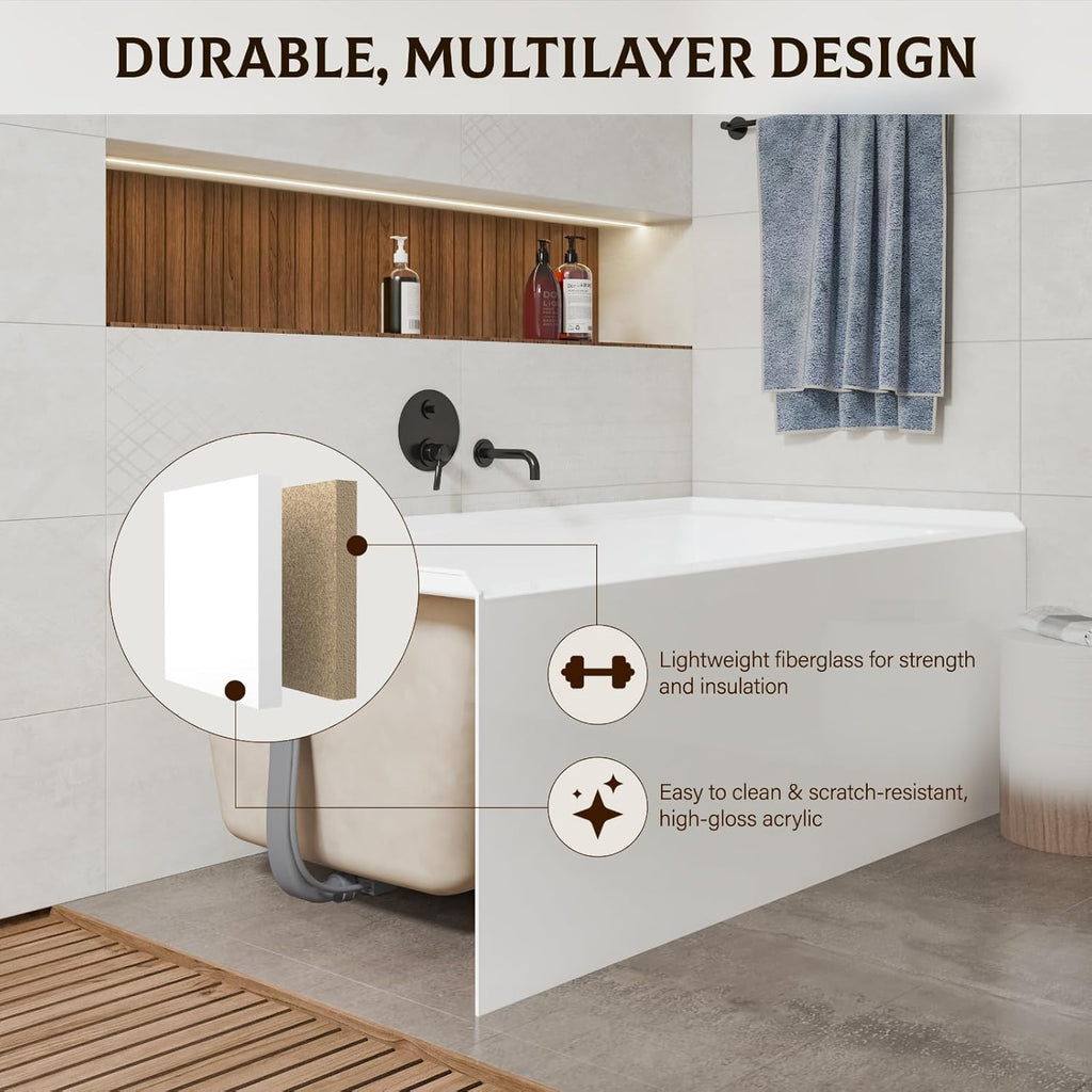60"x32" Acrylic Alcove Bathtub with Integral Apron - Right Drain & Brushed Nickel Pop-Up Drain - Glossy White Deep