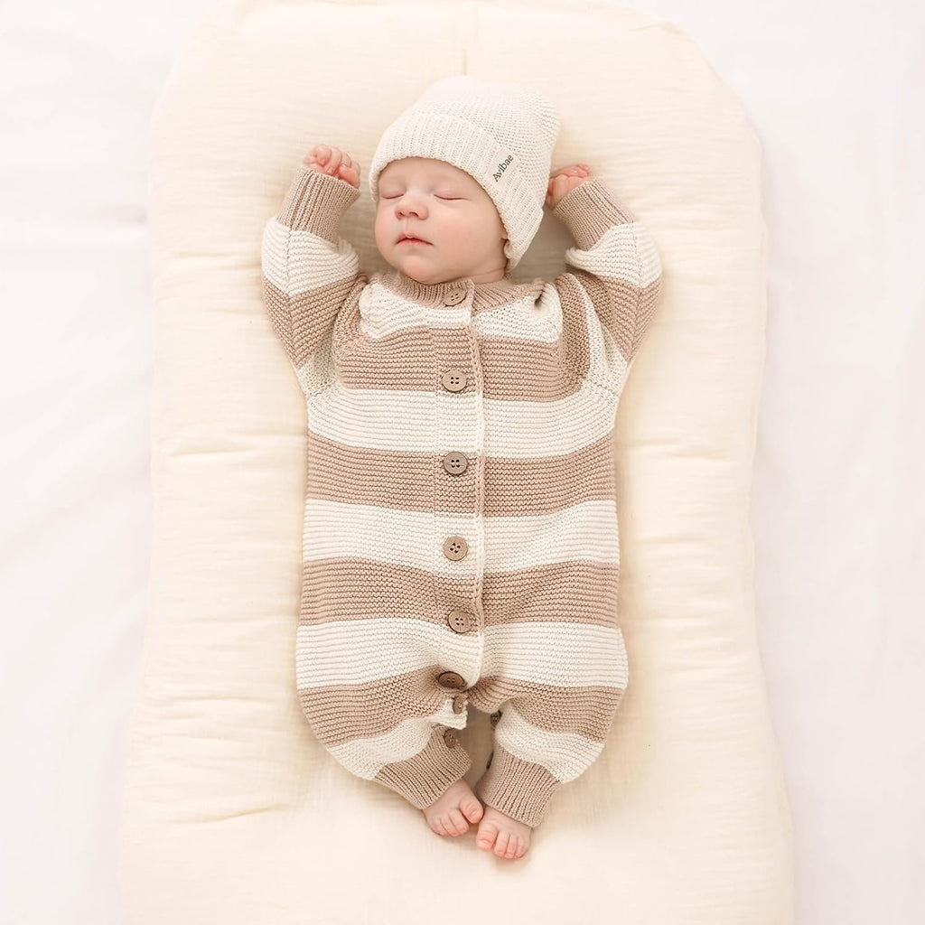 Knit Cotton Newborn Piece Set with Romper, Hat/Hair Band, Booties