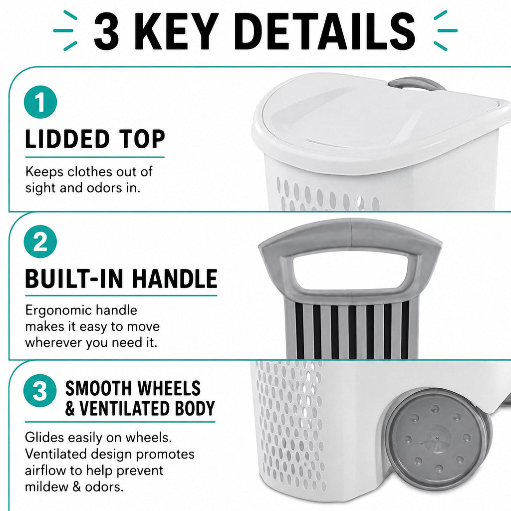 Rolling Laundry Hamper with Wheels & Handle, Plastic Basket with Lid,2-Pack