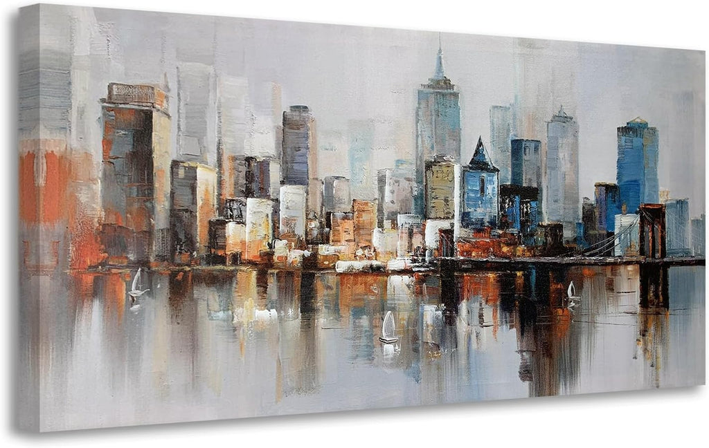 Brooklyn Bridge Wall Art Modern New York City Abstract Canvas Cityscape Painting Large Size Framed, Colorful NYC