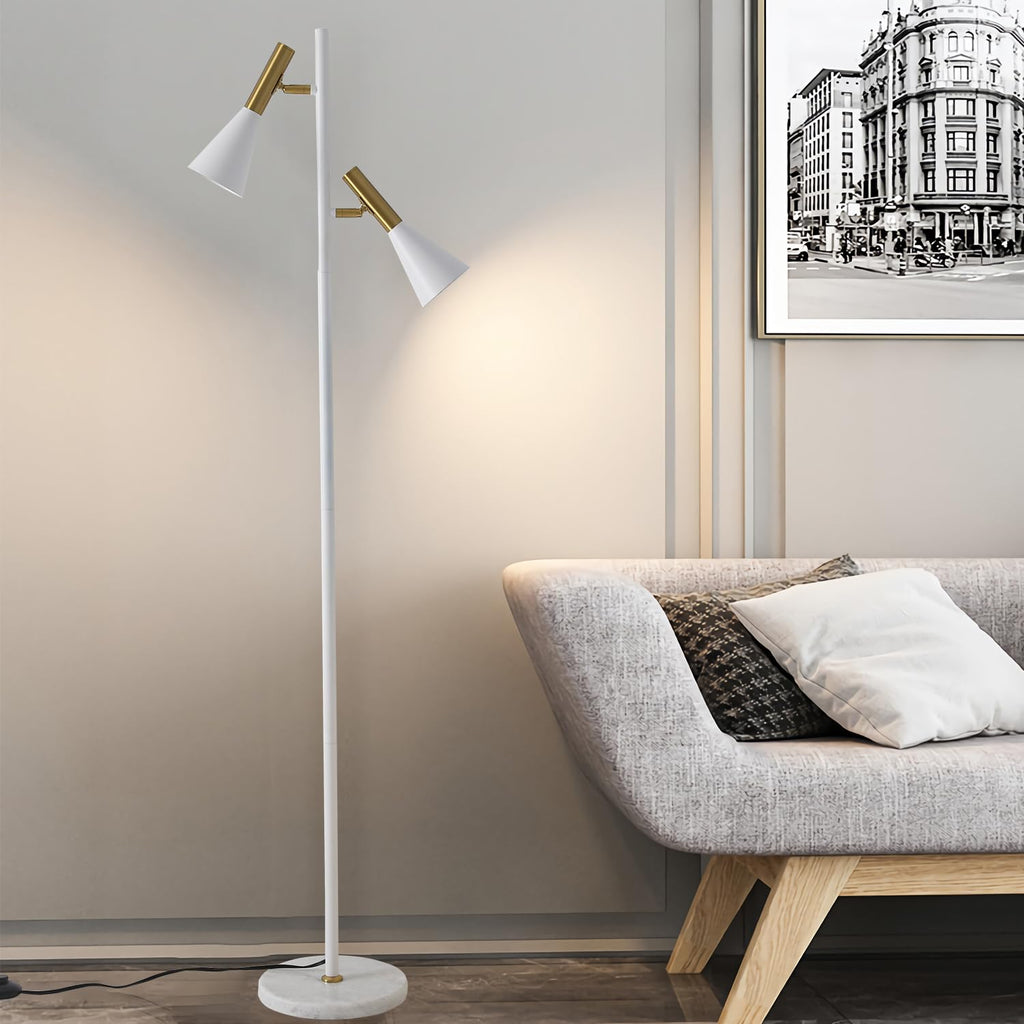 Elegant Modern Floor Lamp with 2 Adjustable Head, White and Gold Stand up Lamps with Marble Base, Tall Pole
