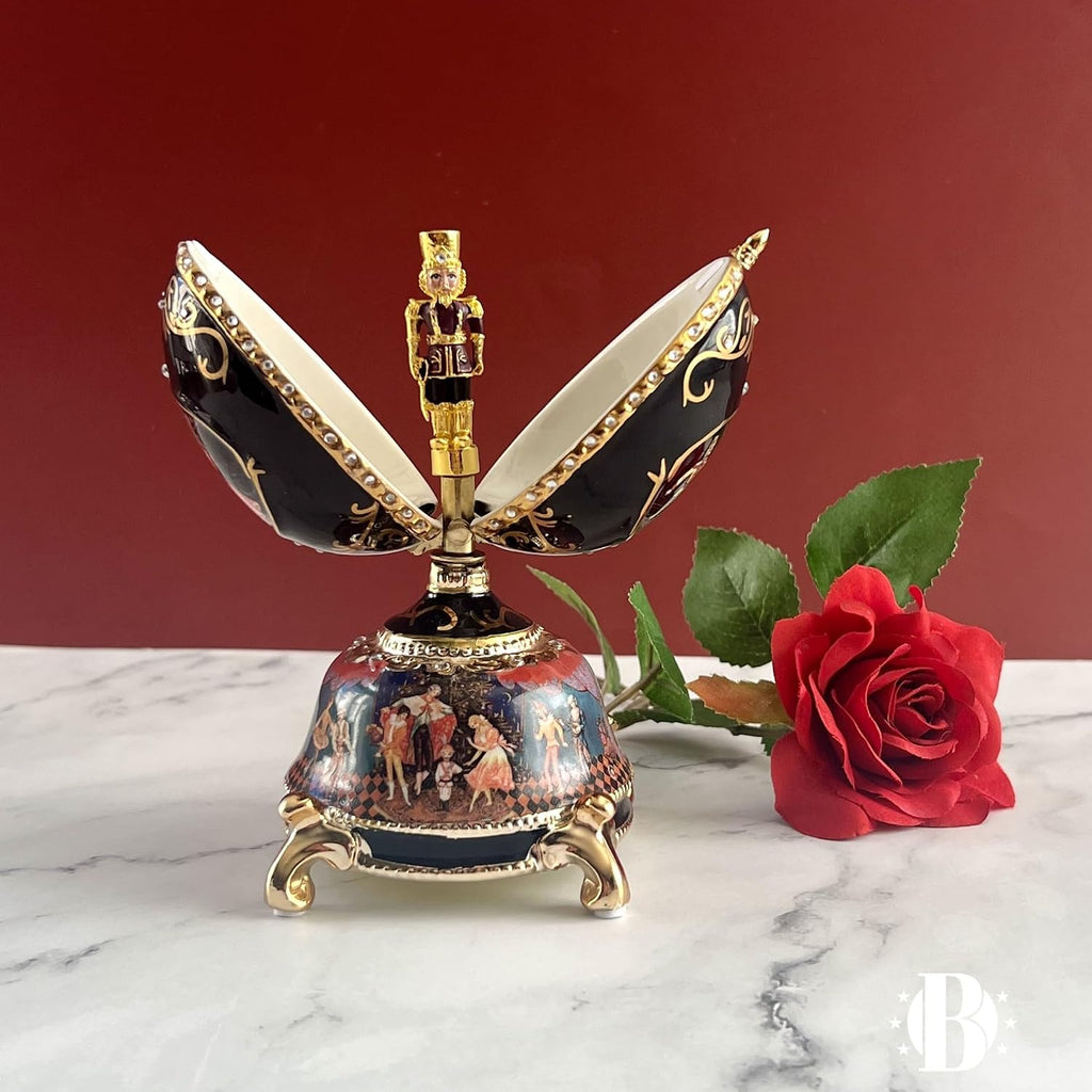 Nutcracker Ballet Musical Egg, Faberge-Style Porcelain Music Box, 22K Gold Accents, Limited Edition