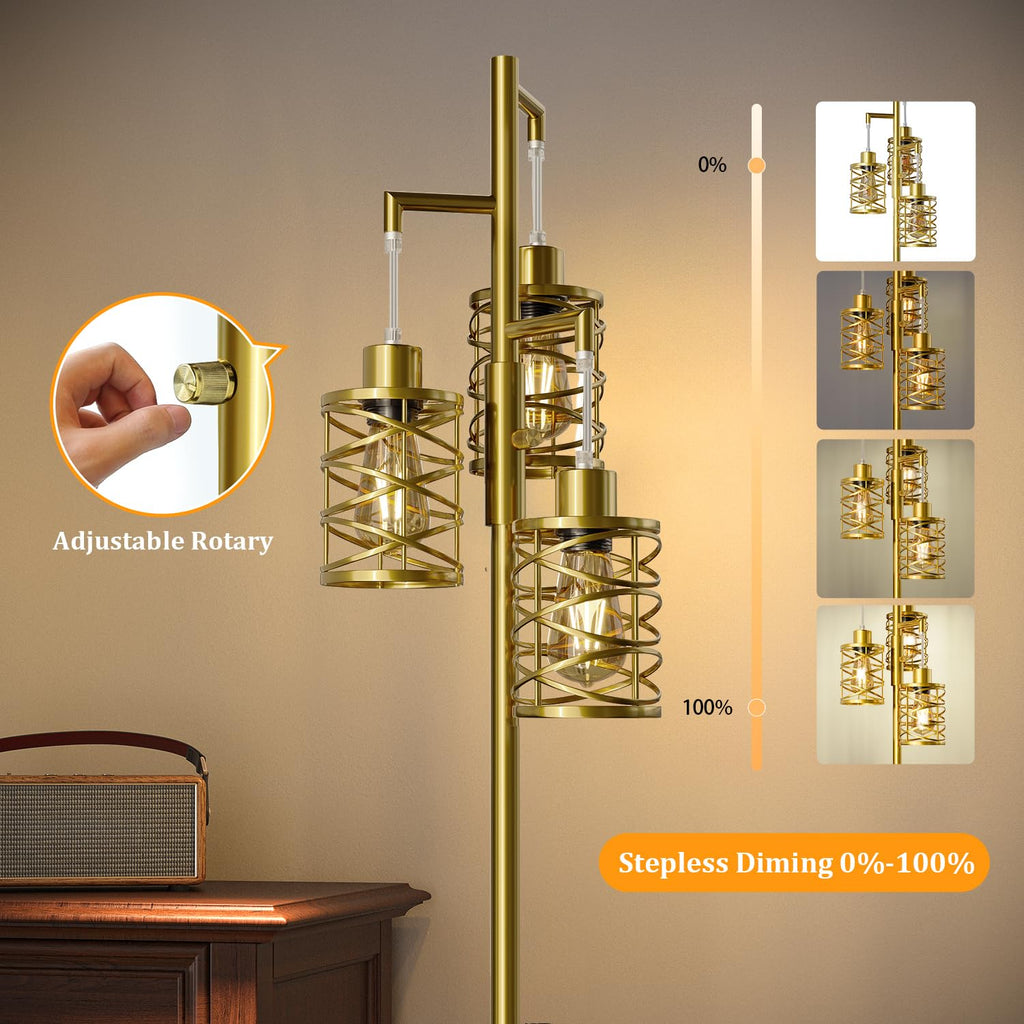 70" Industrial Floor Lamp, Stepless Dimmable Standing Lamp with 3 Bulbs, Farmhouse Corner Standing Tree Lamp, Tall