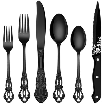 48 Pieces Royal Black Silverware Set for 8, Retro Gorgeous Flatware Set with Steak Knives, Premium Stainless Steel